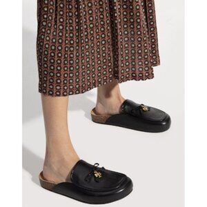 Tory Burch Charm Mules Flat Slip-on Black Genuine Leather Natural Cork US Size 7